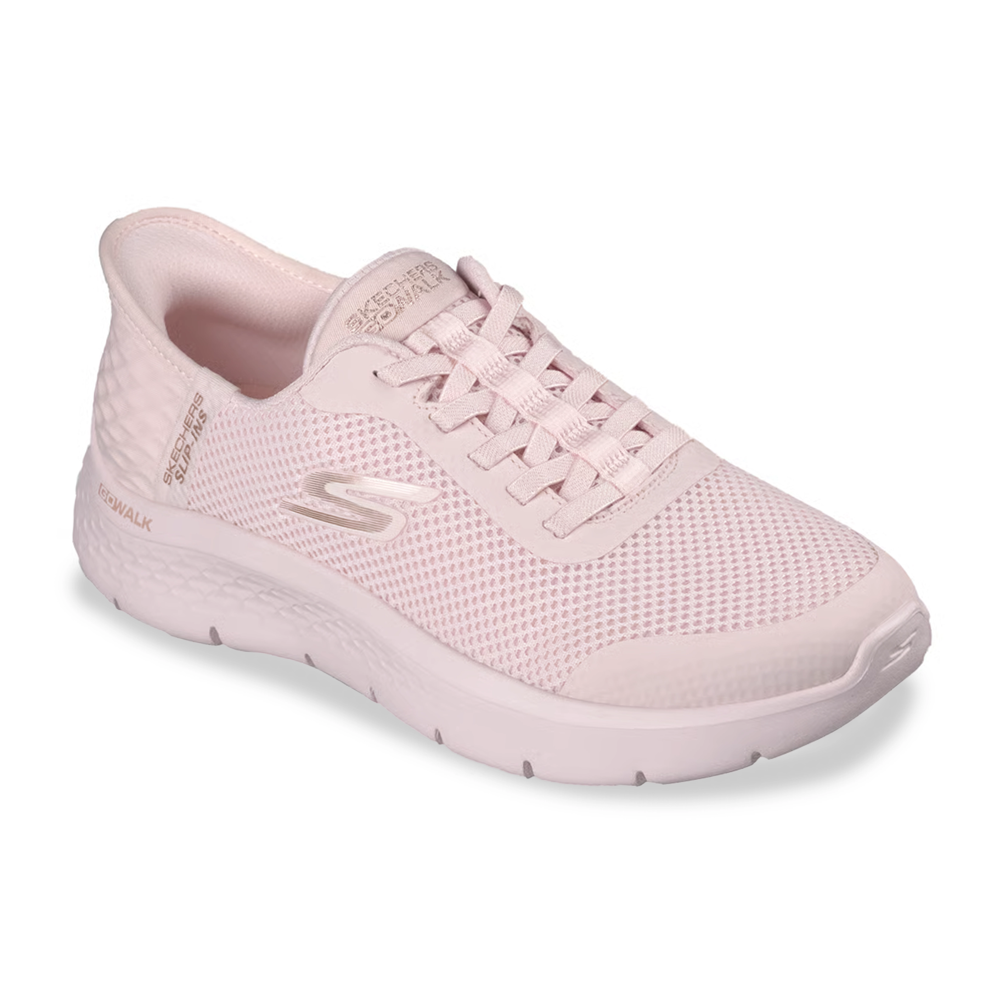 Tênis casual feminino Skechers Go Walk Flex Grand rosa em uso, vista frontal